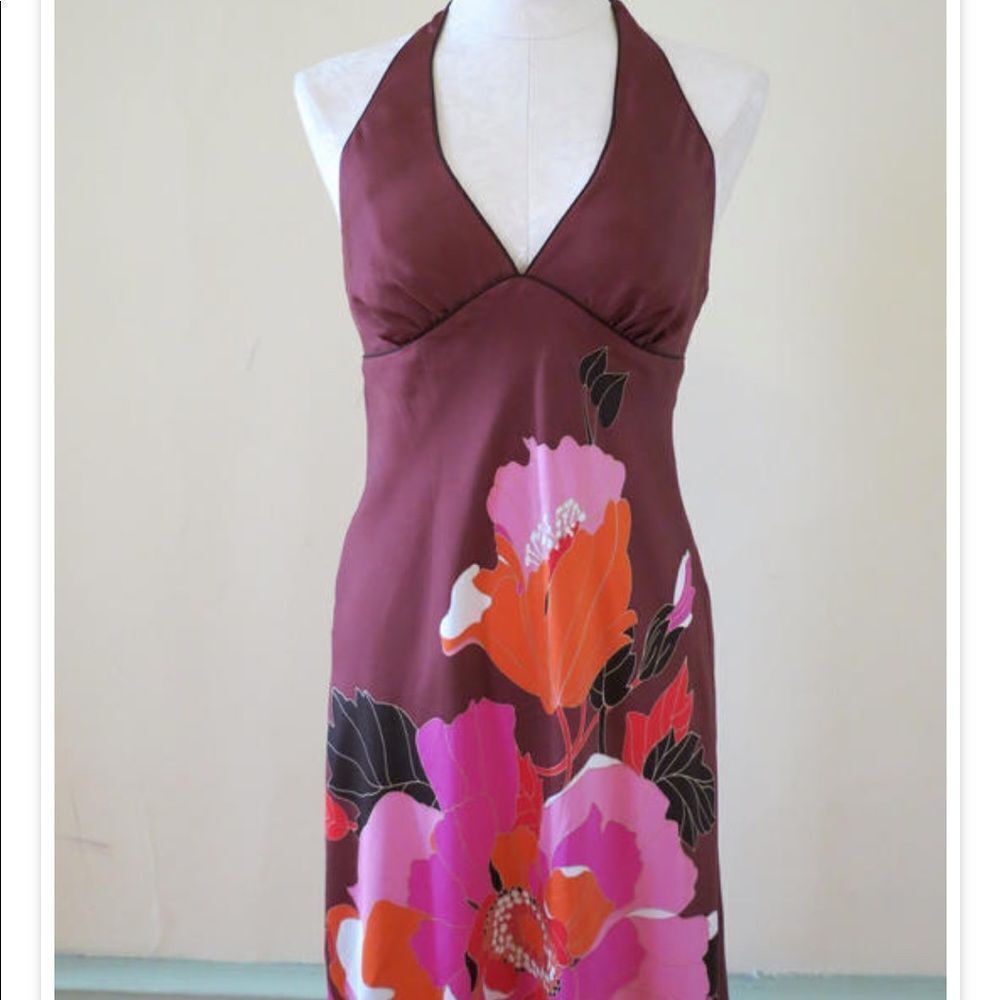 Y2K Banana republic brown floral silk halter dress‎